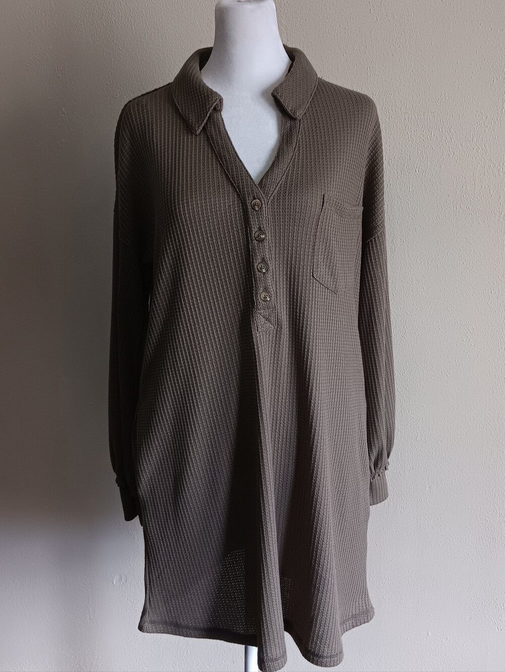 Olive Fairy Grunge Waffle Knit Henley Shirt  Dress, Medium, Textured Thermal